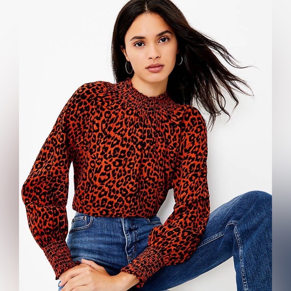 LOFT Flowy Leopard print smocked top Size XL